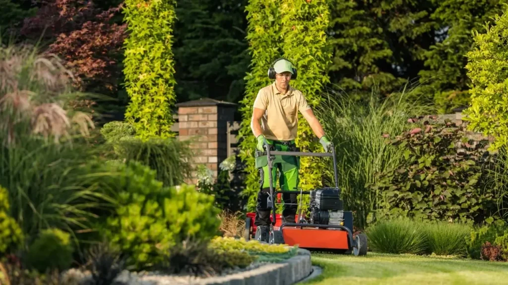 Healthy green lawn with a professional lawnmower and fertilizer, highlighting premium care services.